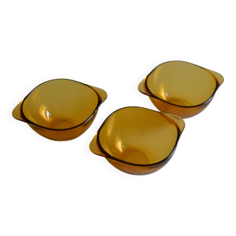 Set of 3 amber glass ear bowls years 70 vereco