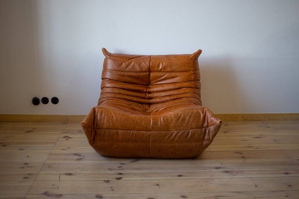 Pine leather Togo living room set attributed to Michel Ducaroy for Ligne Roset, 1979, set of 5