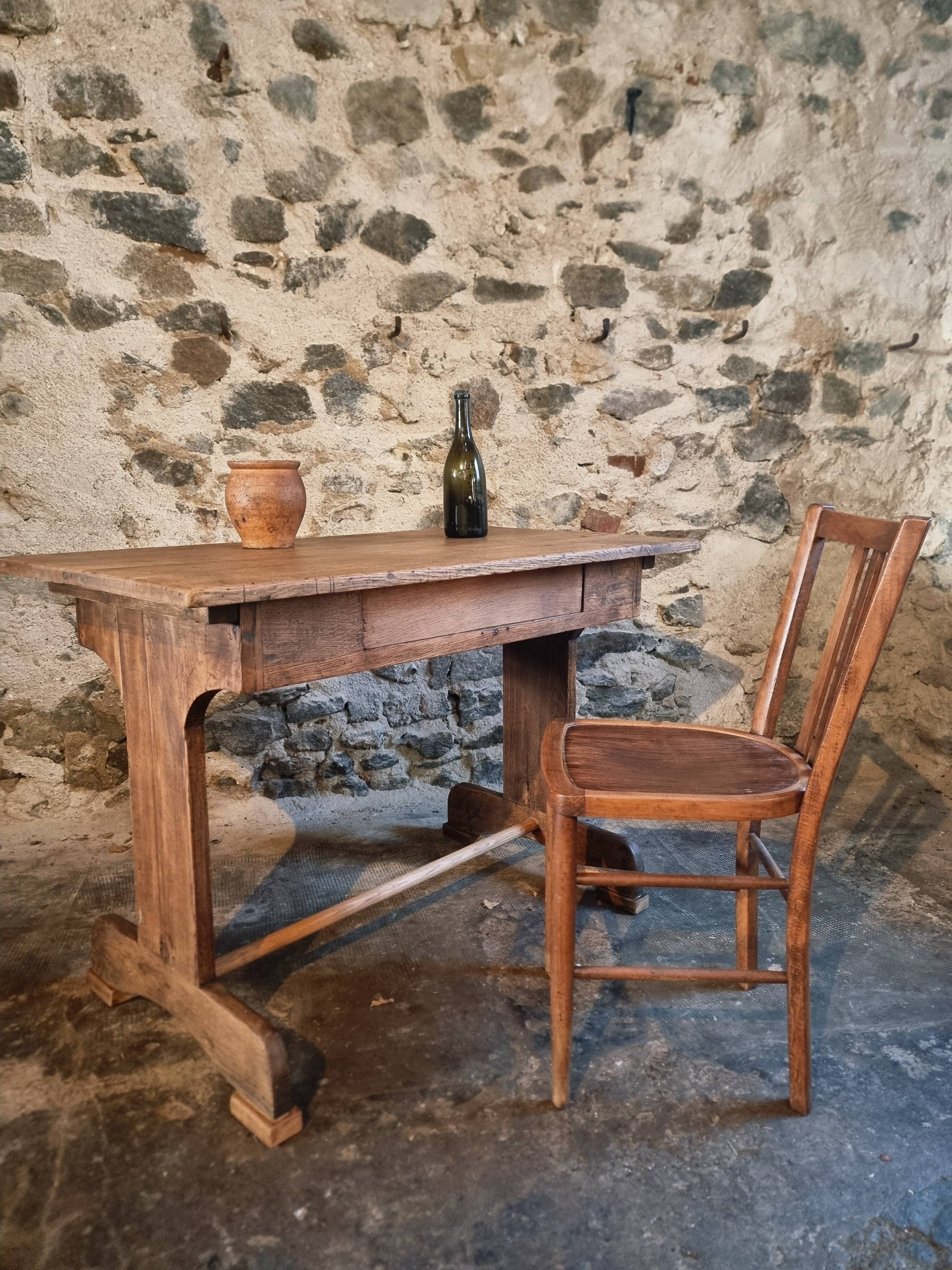 Antique trestle table in oak – France early 20th century – 110 cm