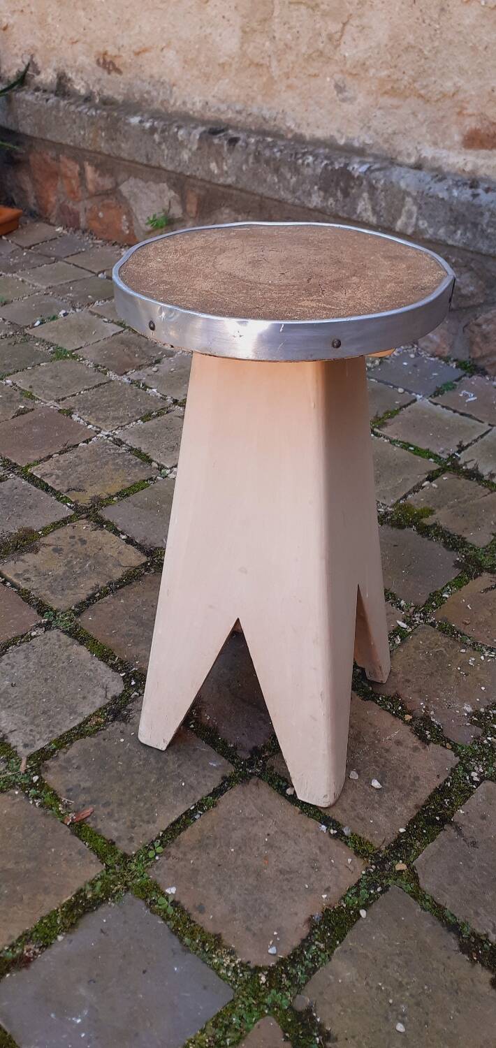 Tabouret,  porte plante vintage année 50 pied compas en chêne