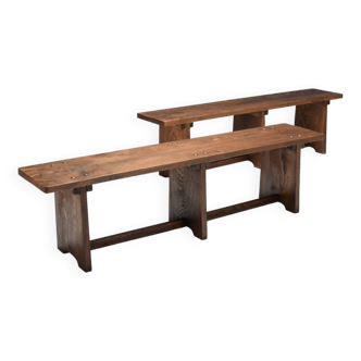 Set of French Artisan Benches in Solid Elm Wood, 1960s