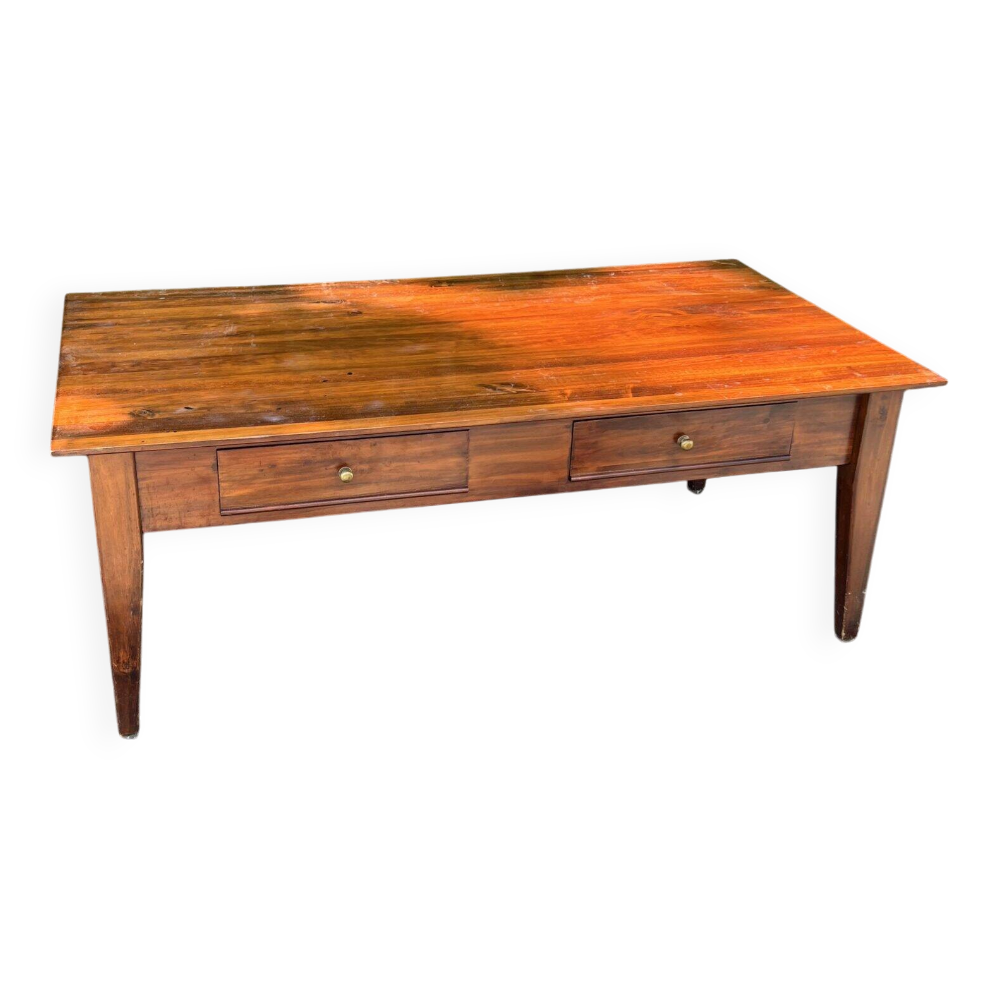 Table basse en acajou massif ouvrant par deux tiroirs en ceinture, début XXe siècle
