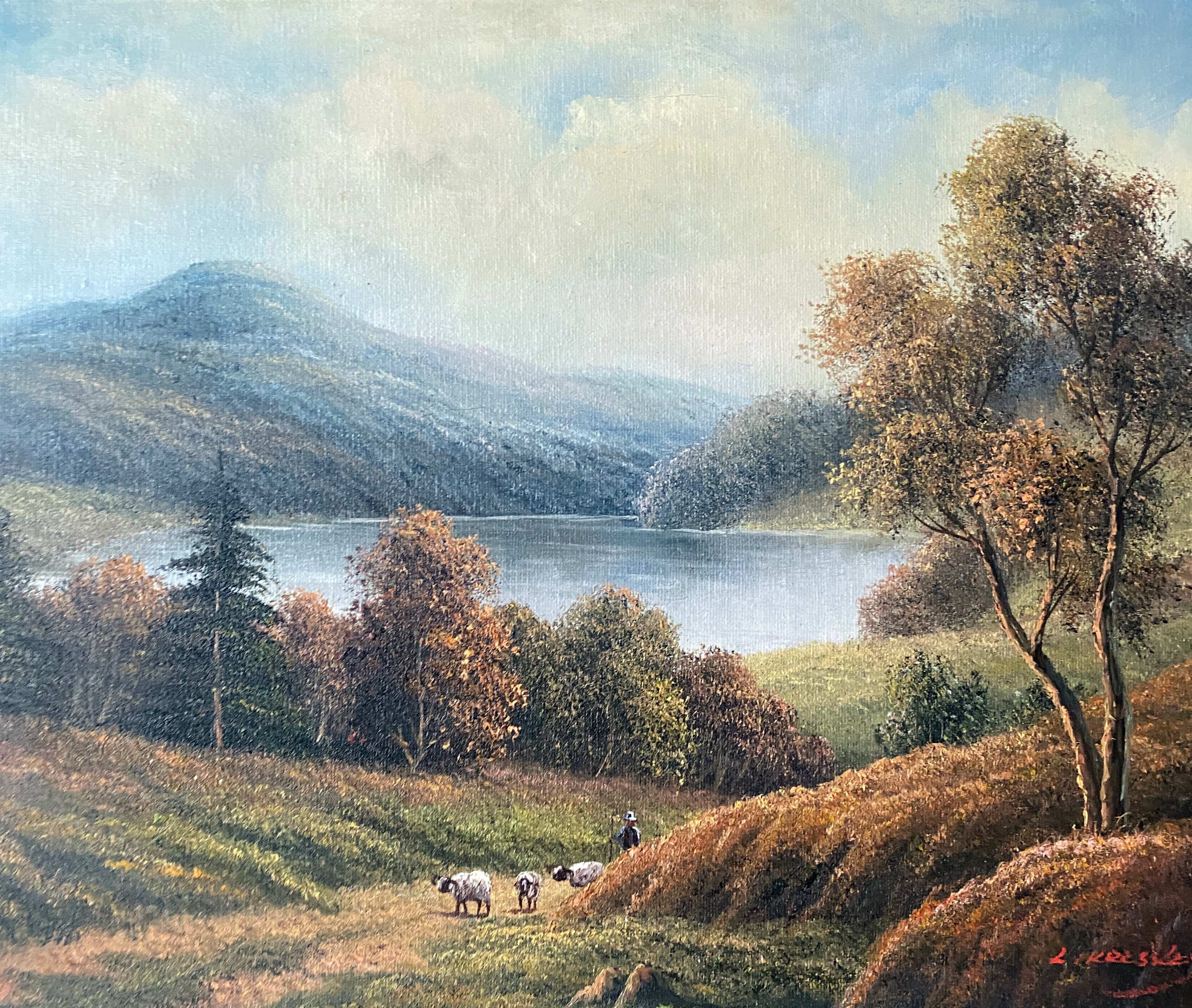 Table HST "animated pastoral landscape" HST signed (to be deciphered) + frame