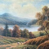 Table HST "animated pastoral landscape" HST signed (to be deciphered) + frame