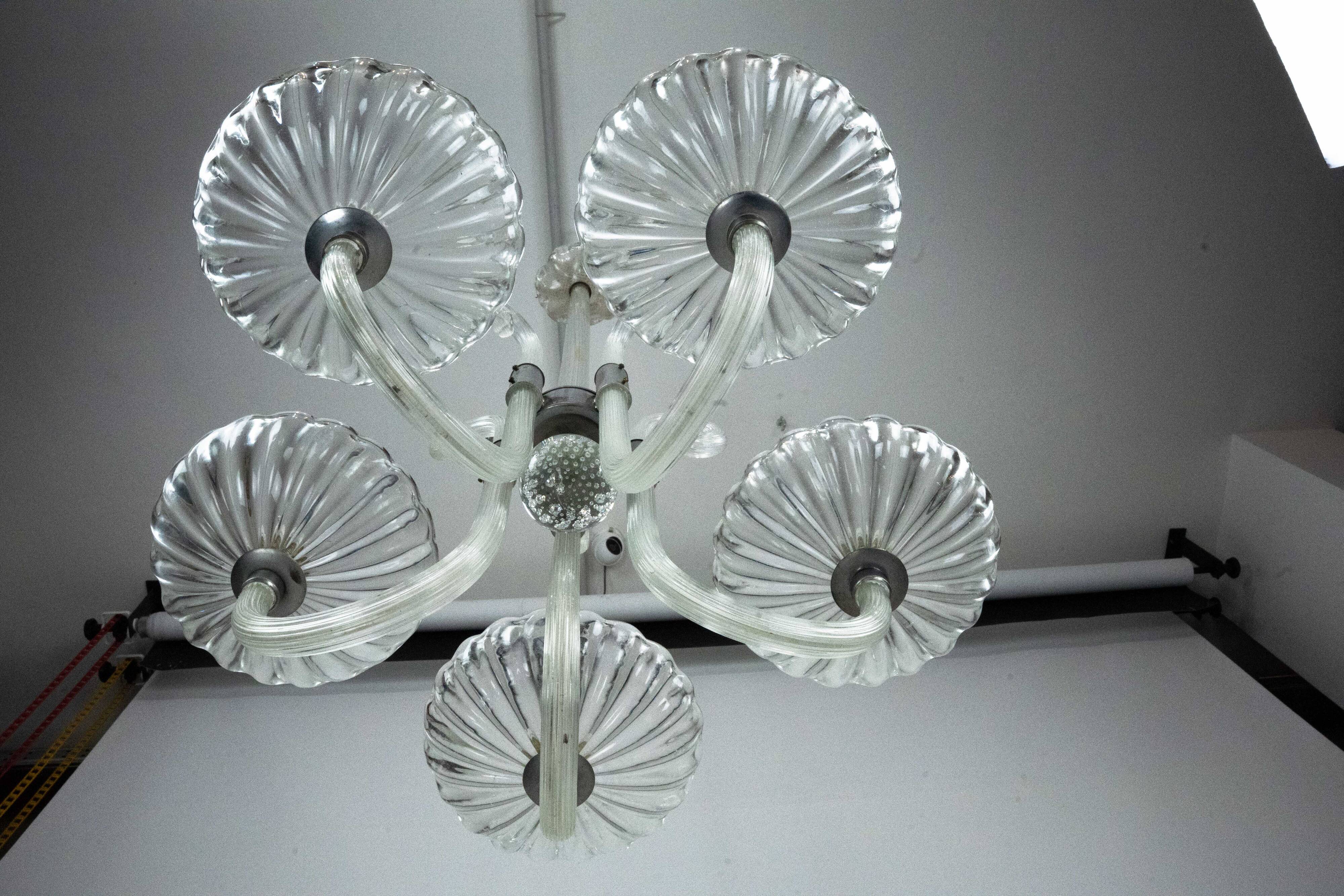 Rare Art Deco Italian Five-Arm Murano Glass Chandelier attributed to Seguso