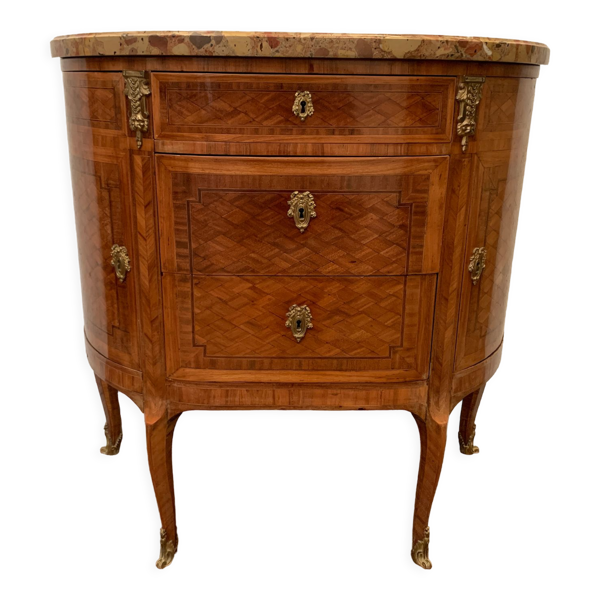 Commode en demi lune de style Louis XVI marqueterie a fond de cube XX siècle