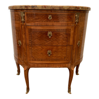 Commode en demi lune de style Louis XVI marqueterie a fond de cube XX siècle