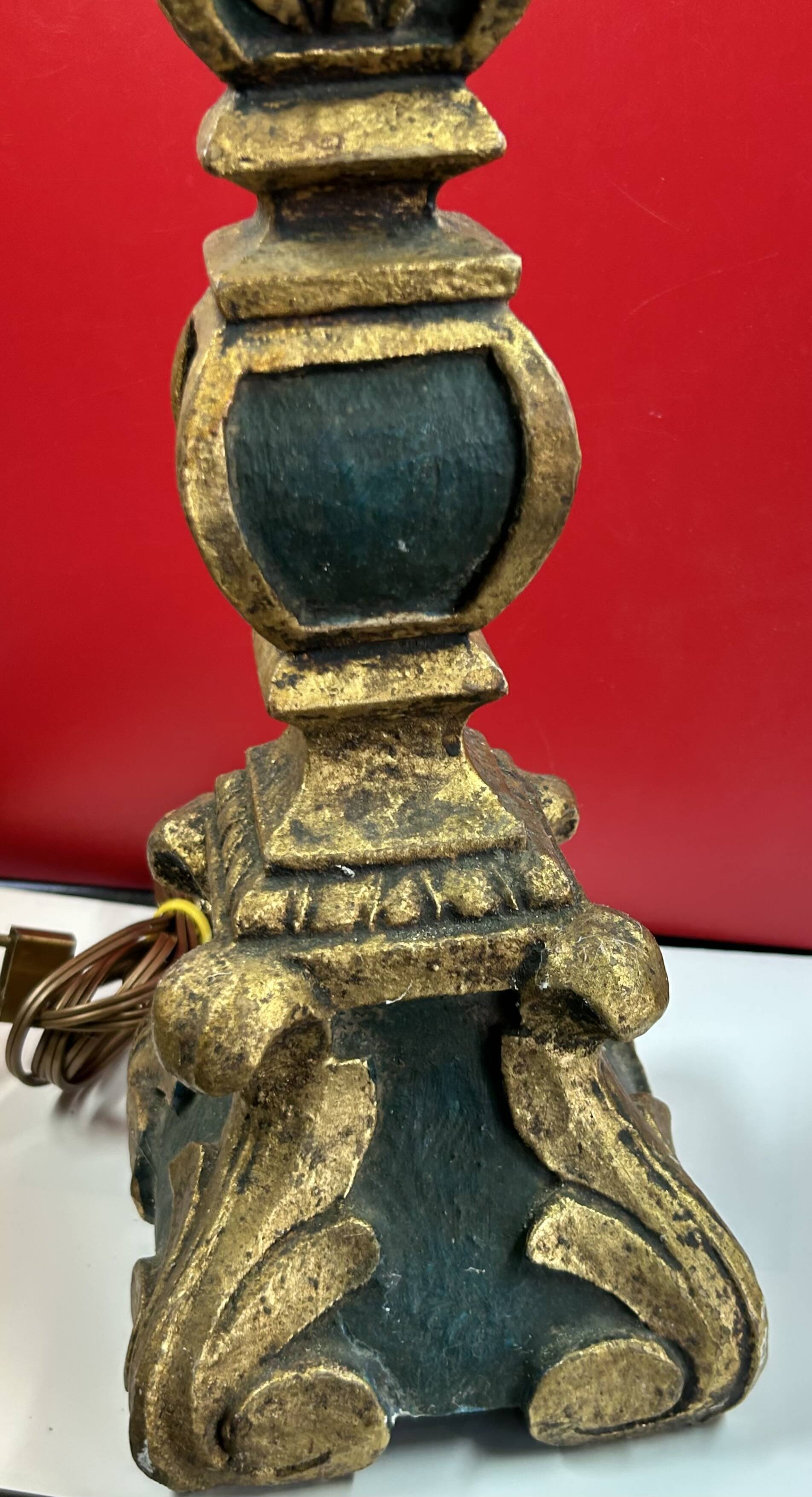 Large antique green and gold wooden lamp base, 66 cm high from the socket.