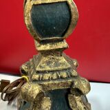 Large antique green and gold wooden lamp base, 66 cm high from the socket.