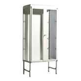 Vintage industrial display cabinet in enamelled metal and glass, 1960s.