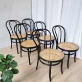 Set of 6 Vintage Thonet Style Dining Chairs: Black Bentwood Cane Seat