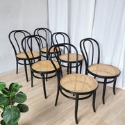 Set of 6 Vintage Thonet Style Dining Chairs: Black Bentwood Cane Seat