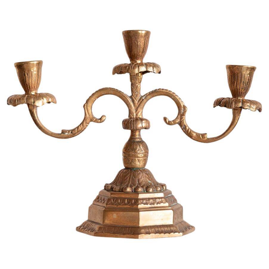 Decorative golden metal candle holders from the mid-20th century, Menora, France, 1960s.