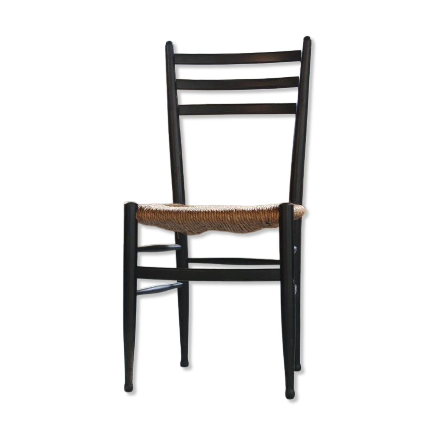 Vintage set of 8 Italian papercord black dining chairs, woven seat, 1950s