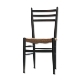 Vintage set of 8 Italian papercord black dining chairs, woven seat, 1950s