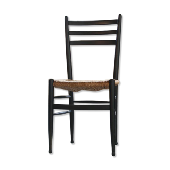 Vintage set of 8 Italian papercord black dining chairs, woven seat, 1950s