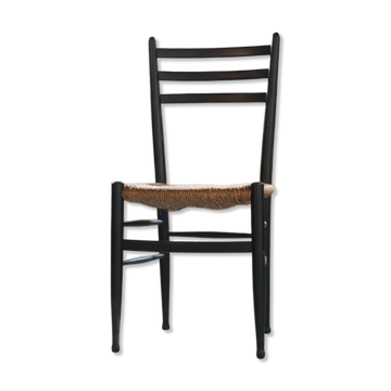 Ensemble vintage de 8 chaises de salle à manger en papercord noir italien, siège tissé, années 1950.