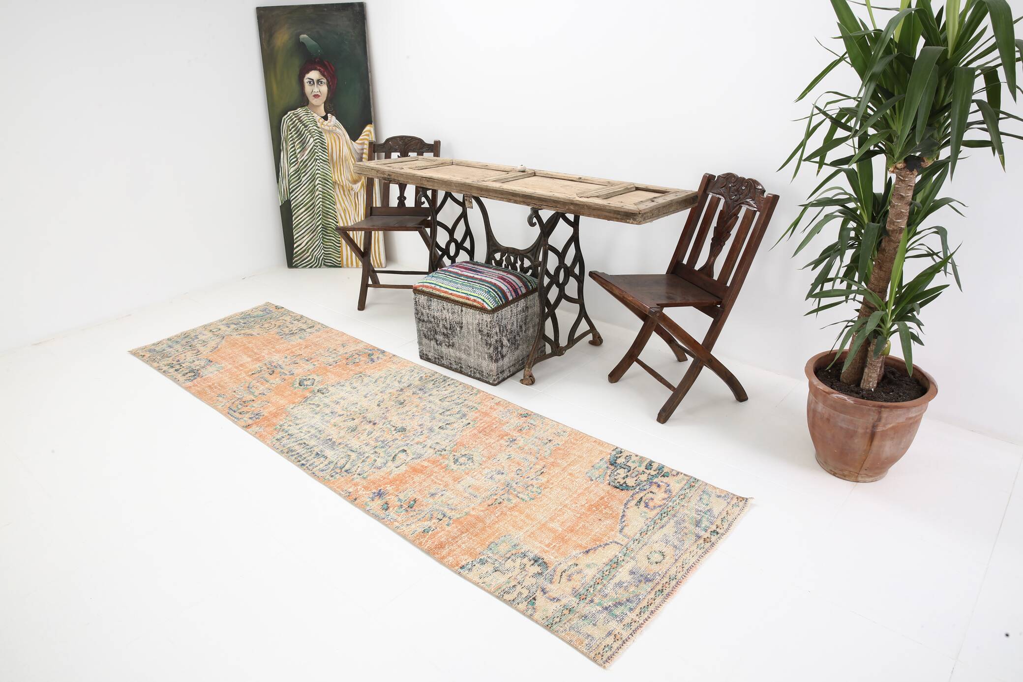 3x9 Pale Orange & Blue Vintage Runner Rug, 80x283Cm SK 6027