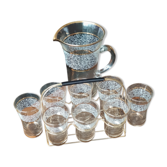 service à orangeade vintage années 1 carafe + suppot panier contenant 6 verres+ 2 verres sup