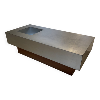 Table basse brutaliste et minimaliste en bois et aluminium, style années 70