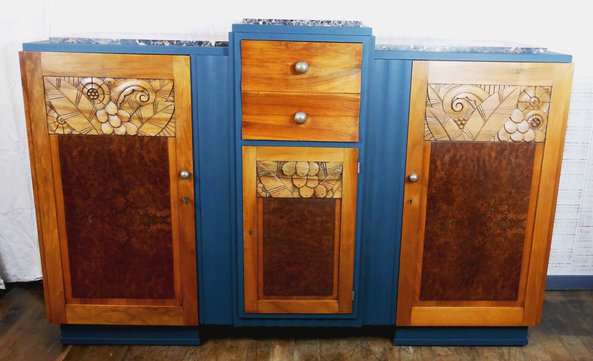 Sideboard Enfilade mirror Art Deco with floral motifs marble top