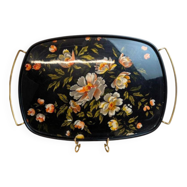 Grand plateau vintage années 60 décor floral fond noir poignées dorées
