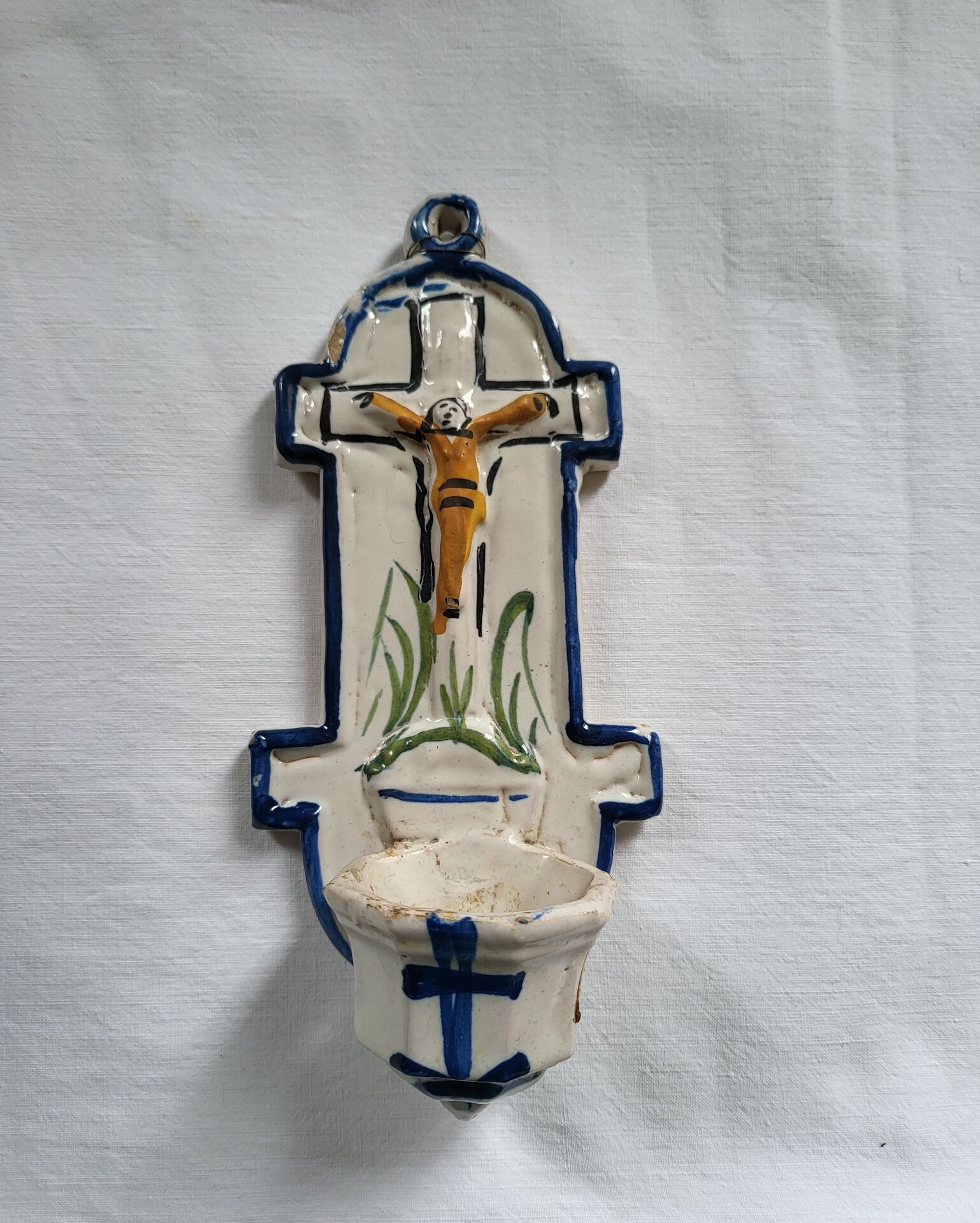 Old Faience Baptismal Font Enamelled Cross