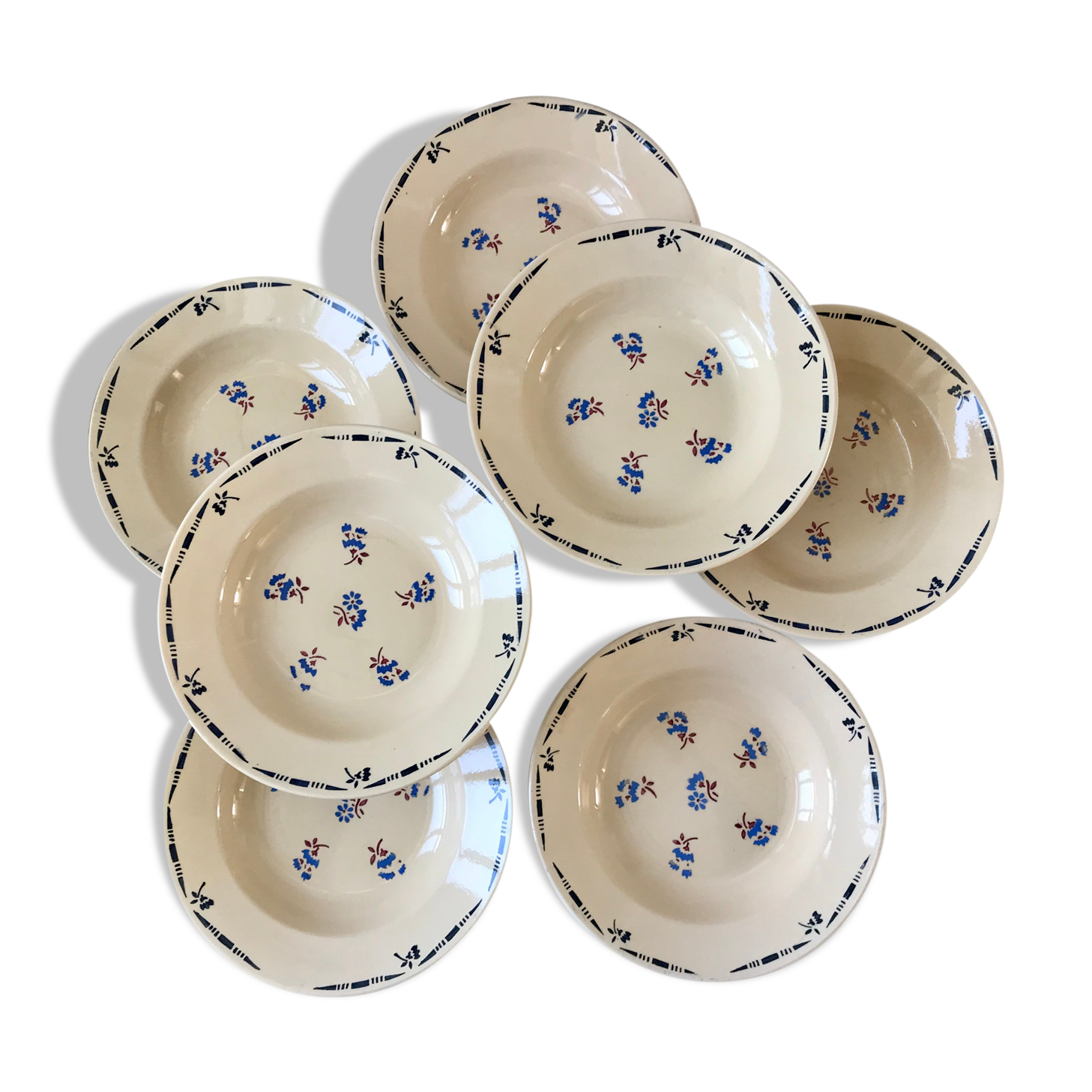 Set of 7 hollow plates k&g lunéville model "flore" 30s