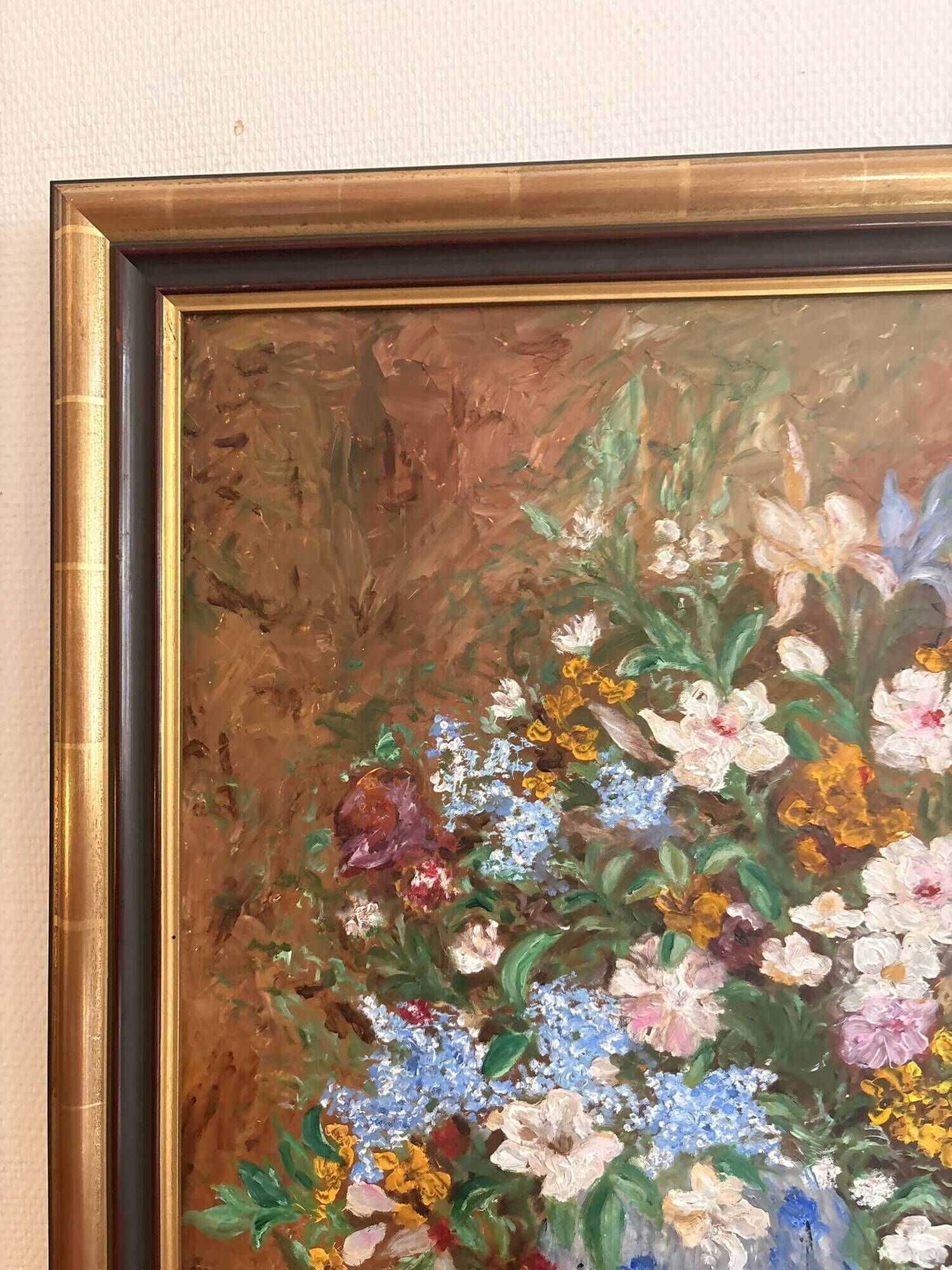 Oil Panel Bouquet Flowers Vase Blue Signed Framed Still Life