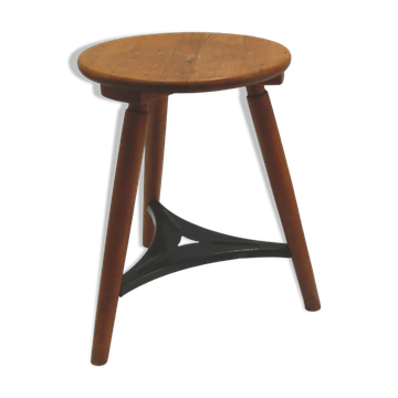 Massive workshop stool made of beech wood and metal - Mid Century