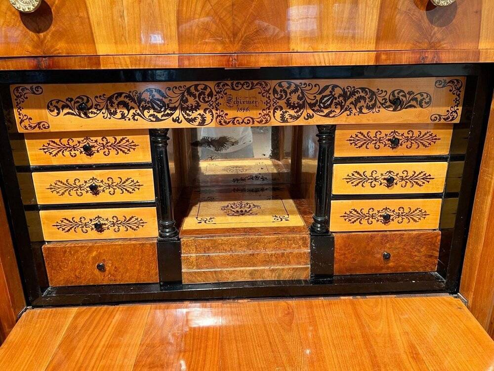 Biedermeier Secretaire in Cherrywood and Maple with Inlays and Brass, South Germany, 1830s