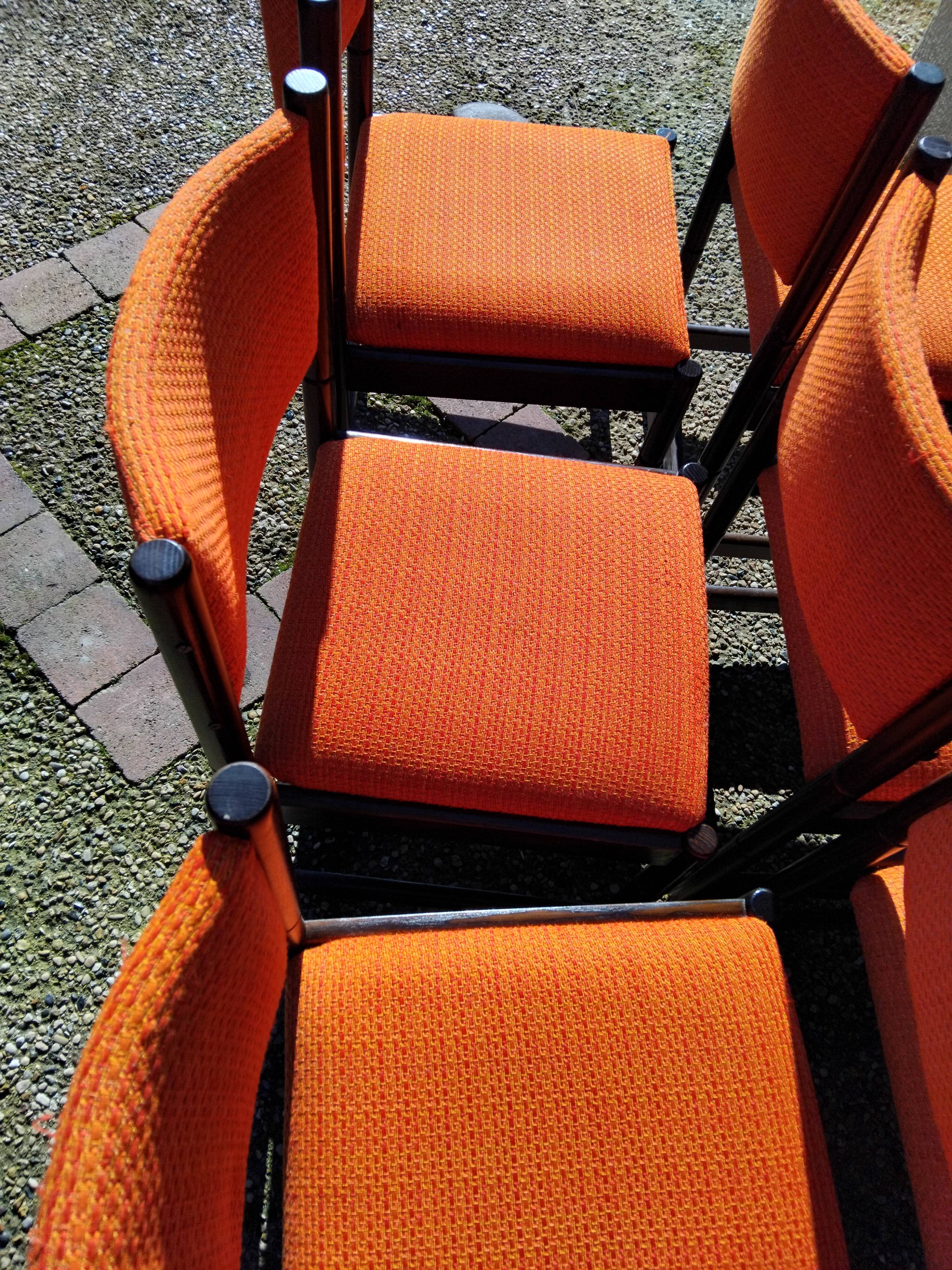 6 vintage wooden and orange fabric chairs