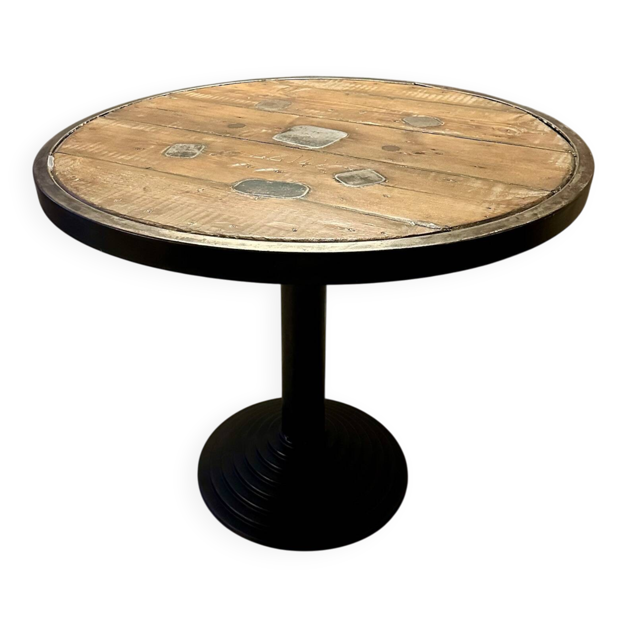 Old bistro round table / workshop – wooden top with metal rim – foot