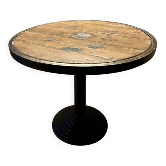 Old bistro round table / workshop – wooden top with metal rim – foot
