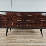1960s chest of drawers in mahogany and lacquered mahogany with blue glass