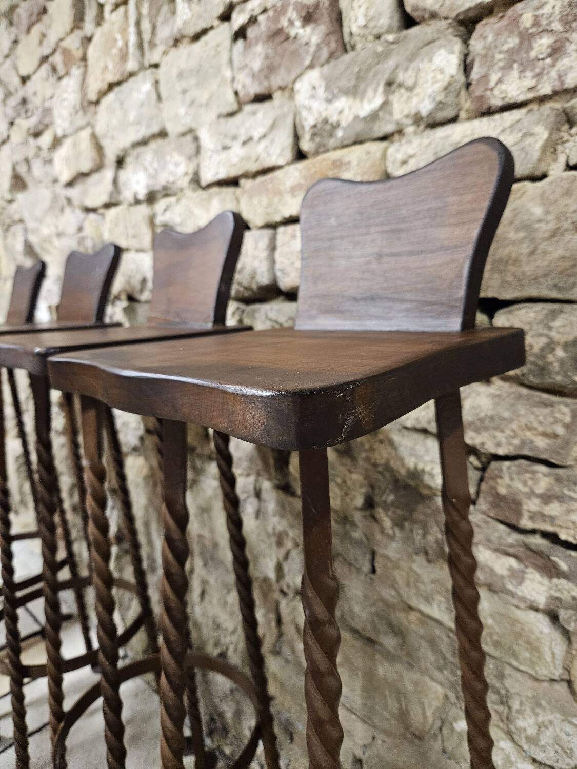 Set of 8 brutalist wrought iron bar stools 1970"