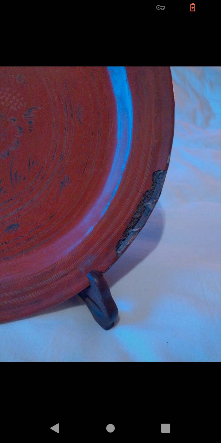 Dish, Indian tray painted in burgundy and tripod