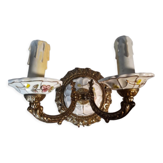 Bronze wall lamp and earthenware floral motif, art nouveau style, circa 1950