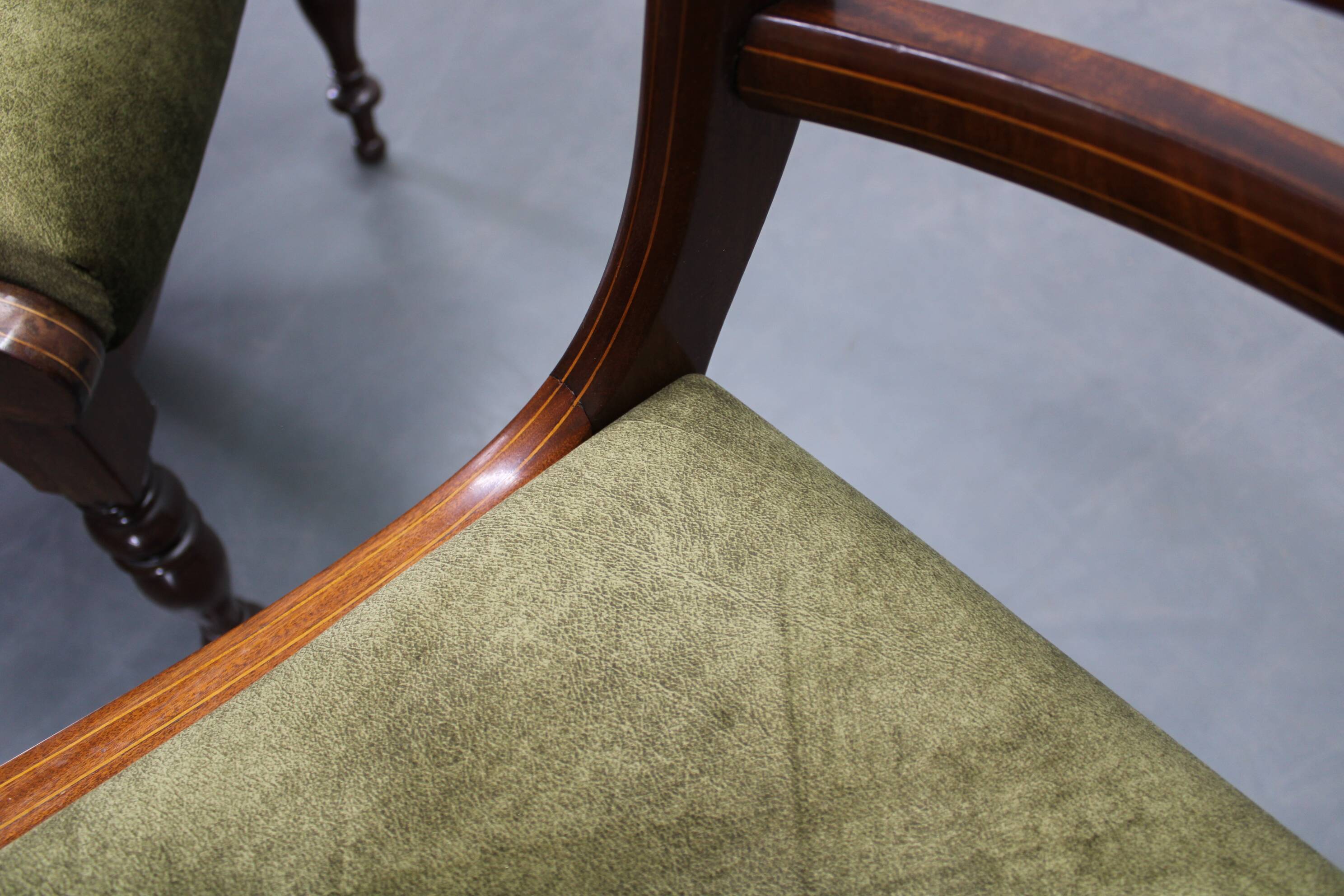 French Art Deco walnut dining chair set with armchairs, France 1930s