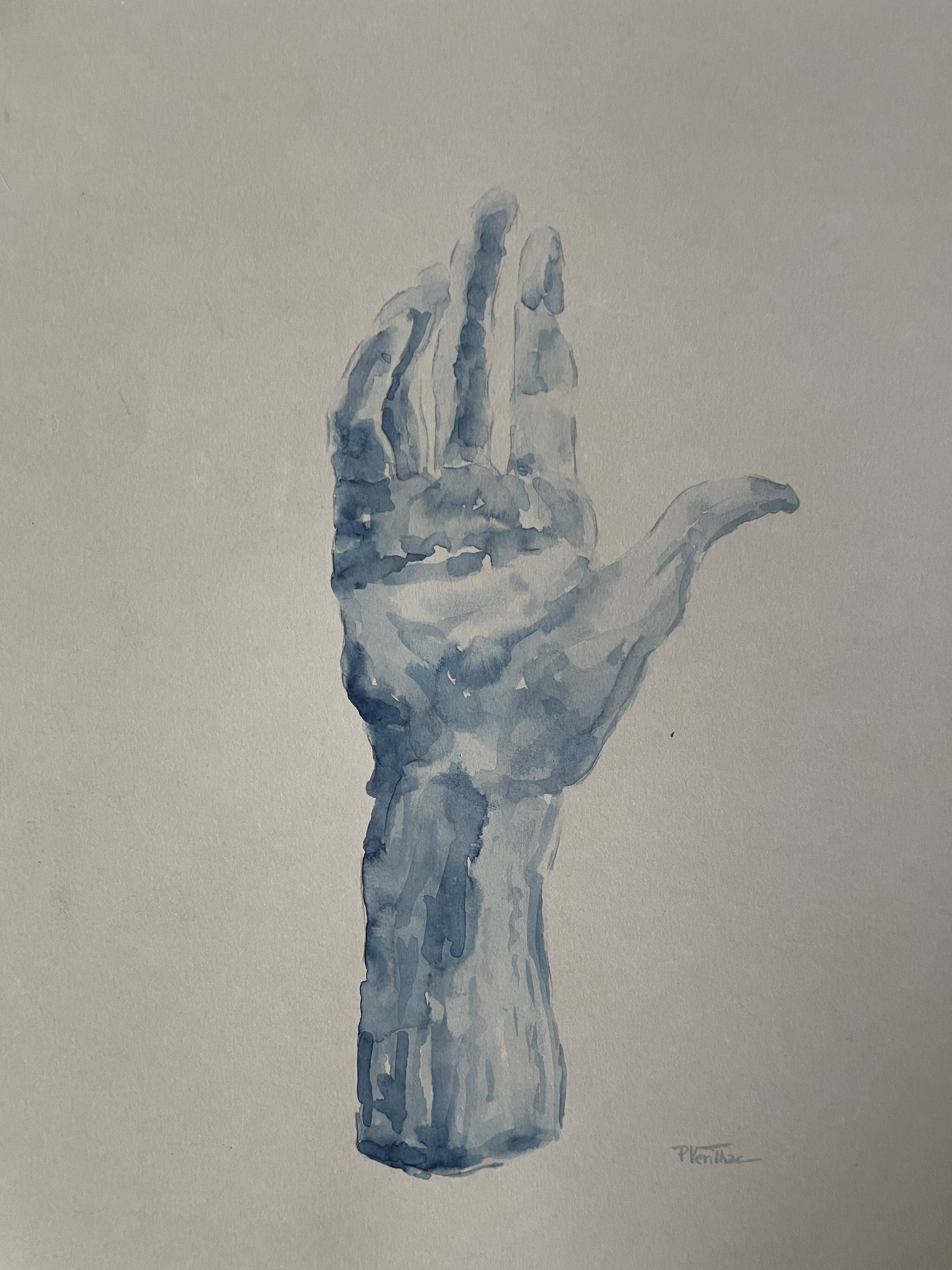 Painting signed blue monochrome watercolor study of the statue of Rodin “the hand reveals the man”