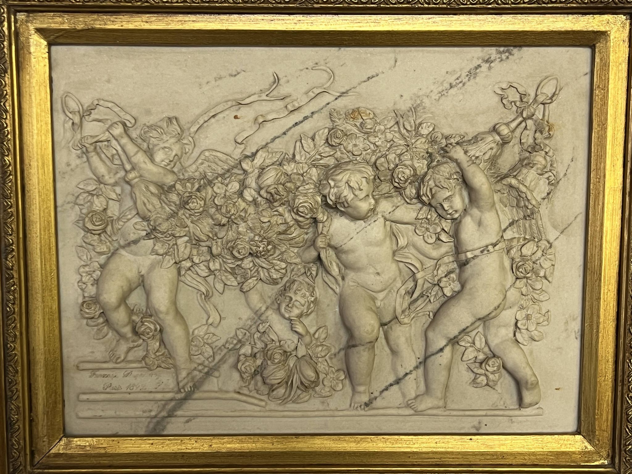 Marble high relief by François Duquesnoy "Putti, garlands and flowers" Paris, 1892