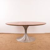 Large round coffee table with tulip leg in brushed aluminum and zebrano 1960.