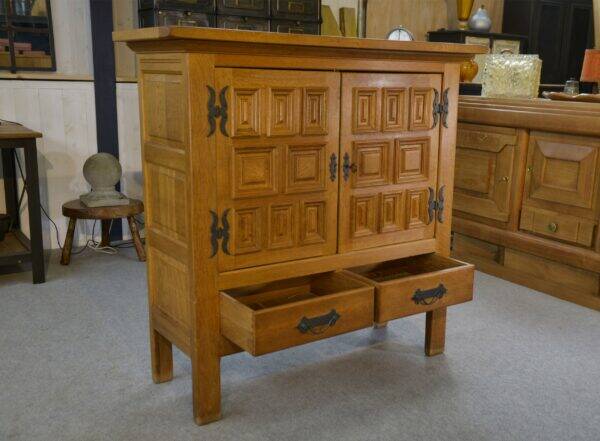 Armoire 2 portes 2 tiroirs en chêne massif et fer forgé style rustique 1960’s