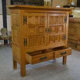 2-door, 2-drawer wardrobe in solid oak and wrought iron, rustic style, 1960s