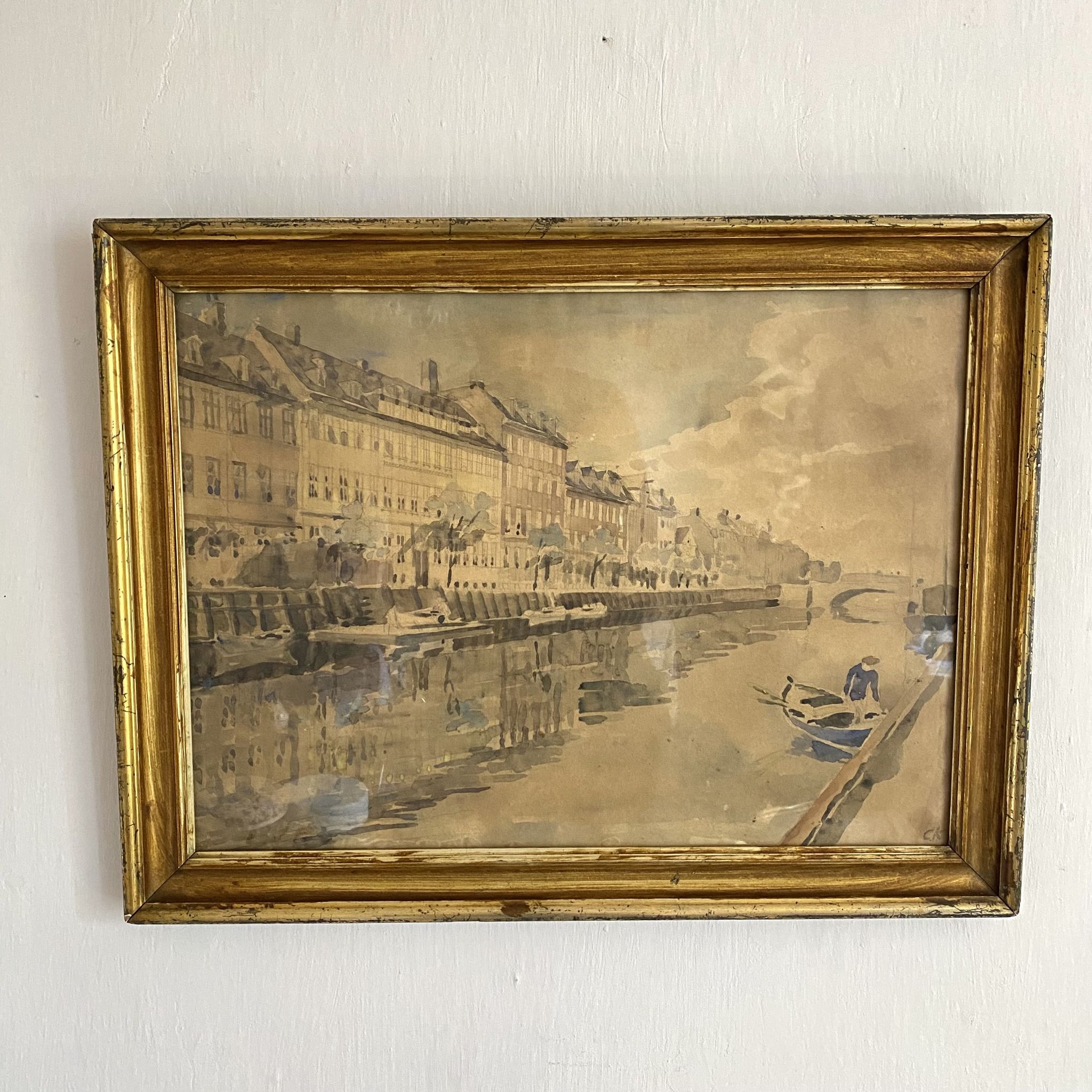 Old framed river watercolor 45.5 X 59