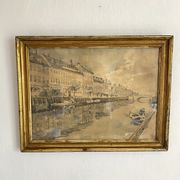 Old framed river watercolor 45.5 X 59