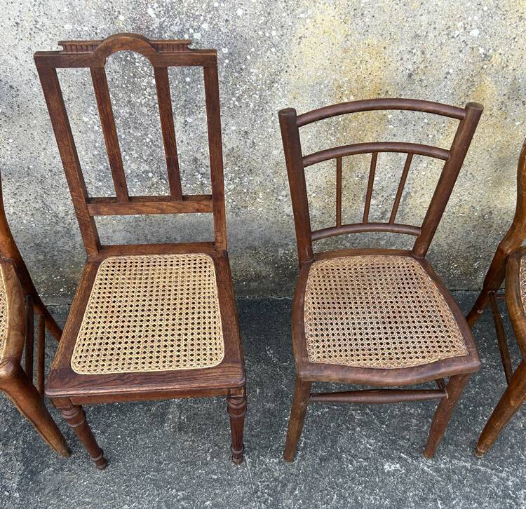 Ensemble de 7 chaises bois et cannage, vintage