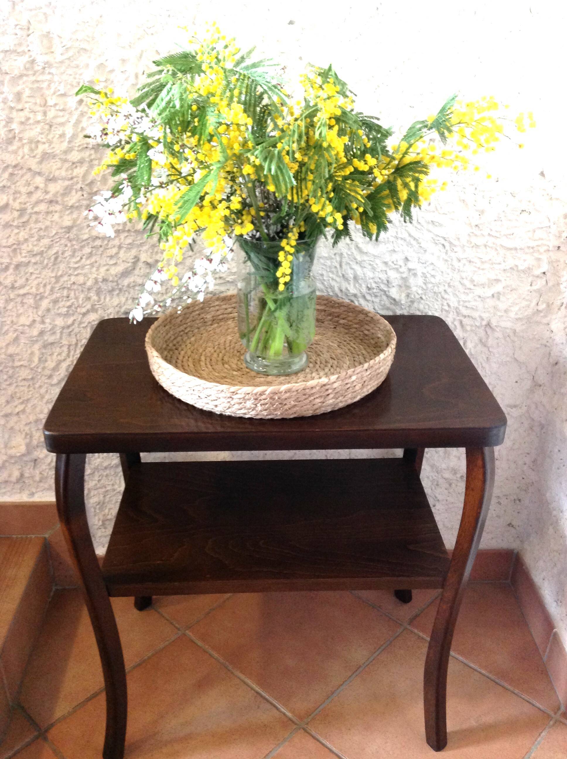 Varnished wooden stand with two shelves and curved legs / 50s-60s