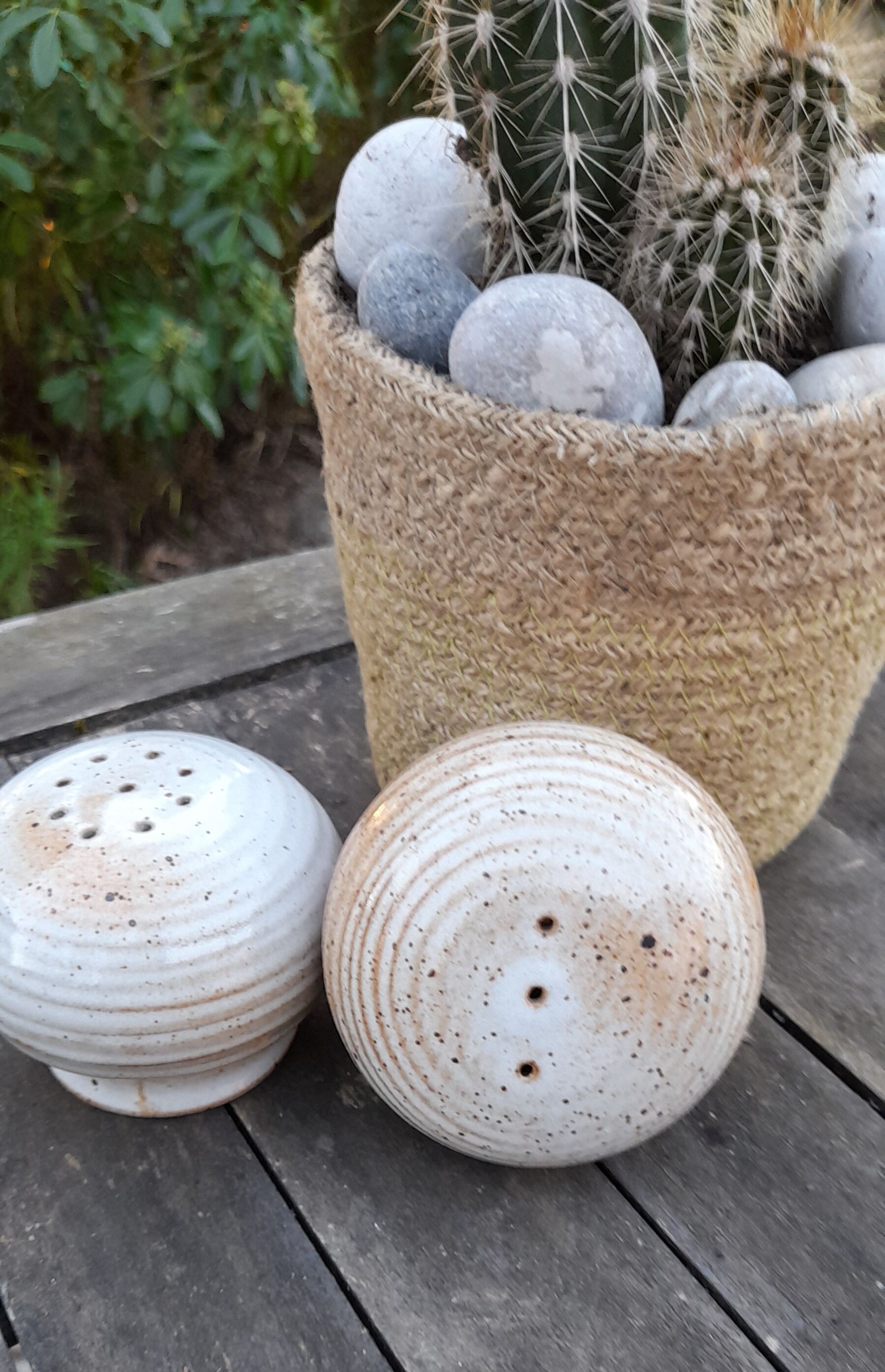 round salt and pepper shaker signed Grés du Marais, France, 60s