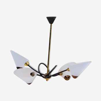 Arlus chandelier from the 60s 4 arms in gilded brass and black metal conical plastic tulips